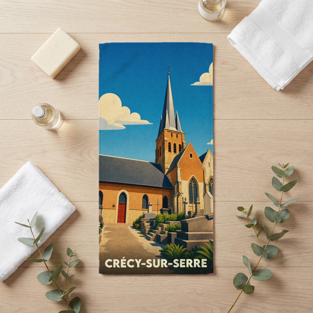 Serviette de bain souvenir de la ville de Crécy-sur-Serre illustrée d'une église et de son cimetière.