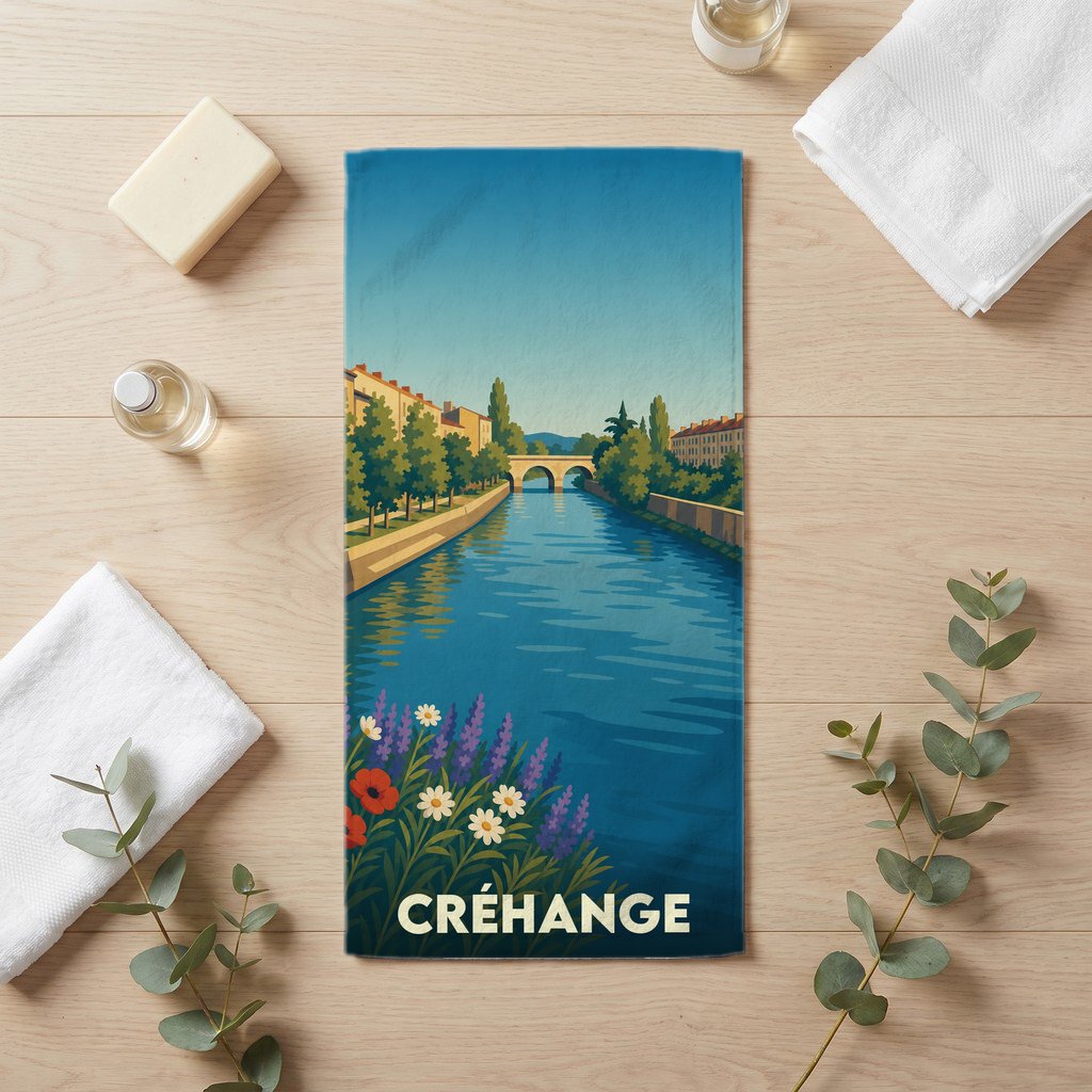 Serviette de bain souvenir de la ville de Créhange illustrant un canal avec son pont de pierre.