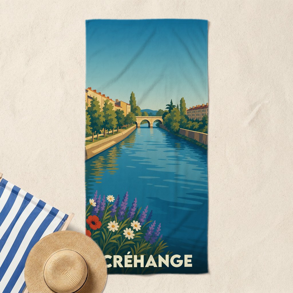 Serviette de bain souvenir de la ville de Créhange avec une illustration stylisée d'un canal et de son pont.