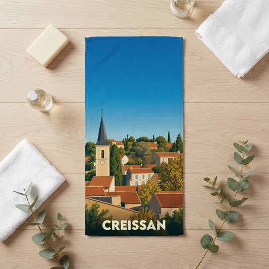 Serviette de bain souvenir de la ville de Creissan illustrée d'un village typique du sud.