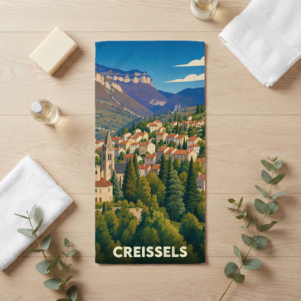 Serviette de bain souvenir de la ville de Creissels avec une illustration stylisée de style affiche de voyage.