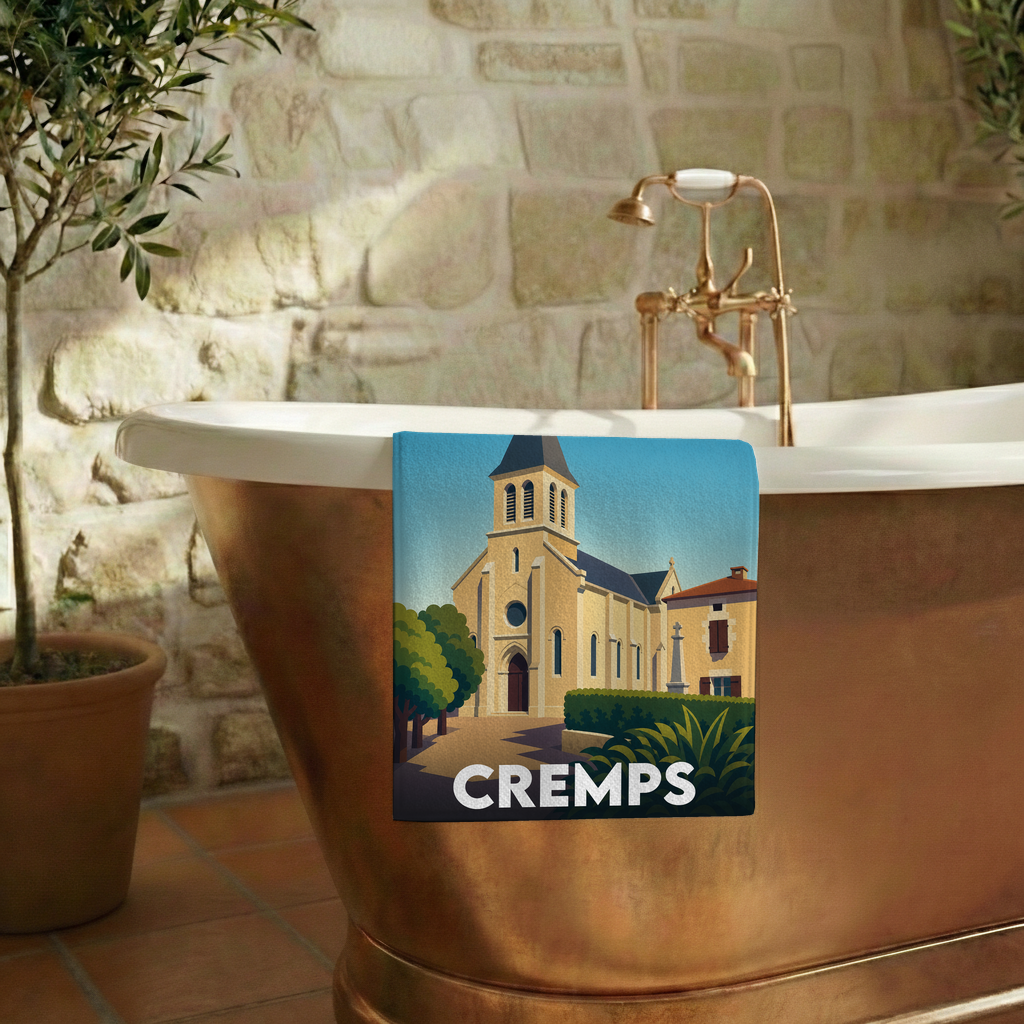 Serviette de bain souvenir de la ville de Cremps avec une illustration stylisée.