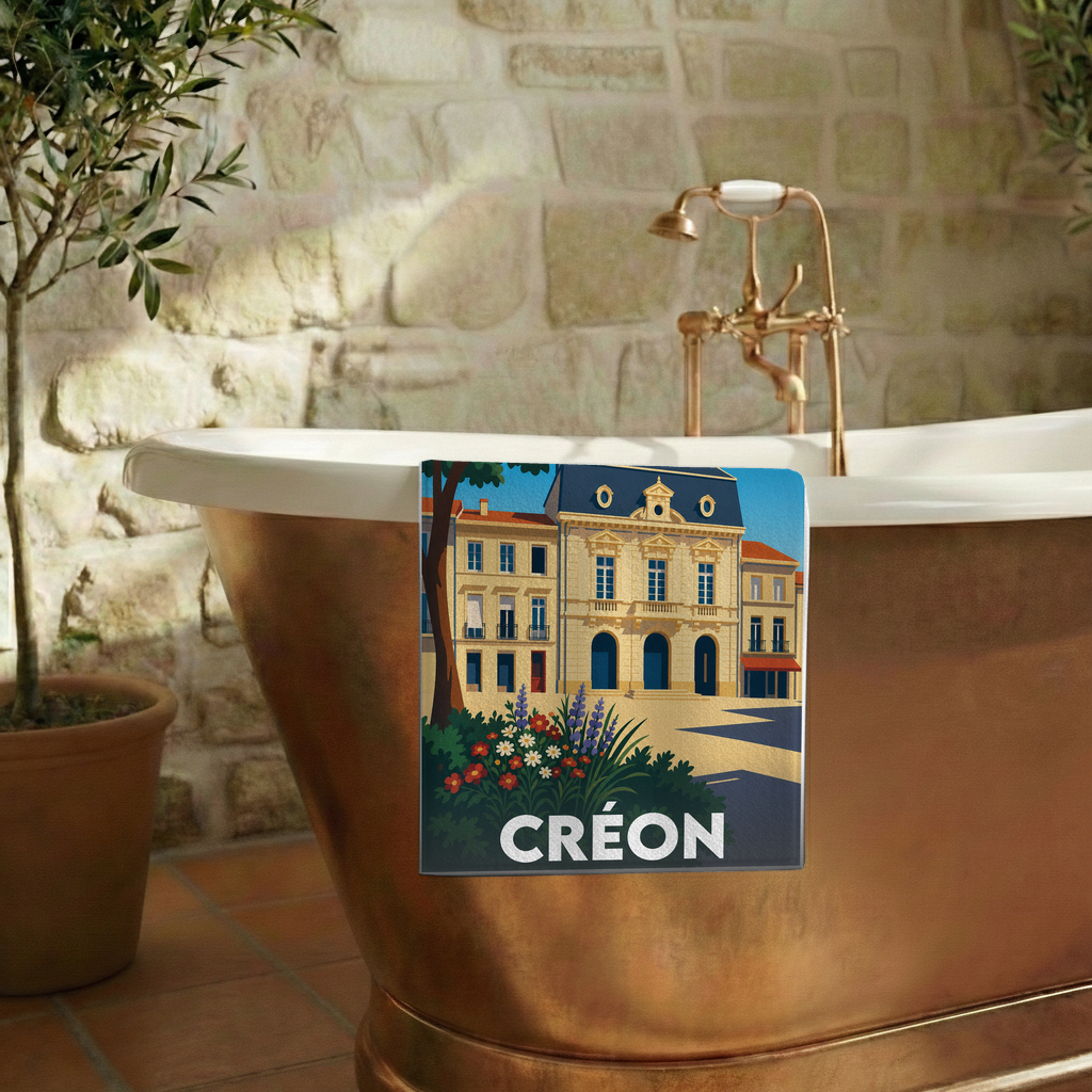 Serviette de bain souvenir de la ville de Créon avec une illustration stylisée.