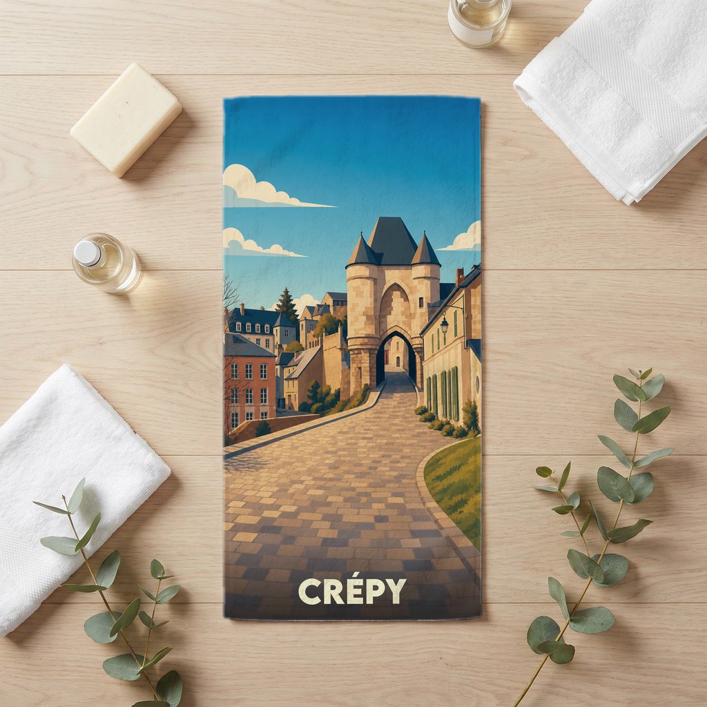 Serviette de bain souvenir de la ville de Crépy illustrée par une vue stylisée d'une porte médiévale et d'une rue pavée.