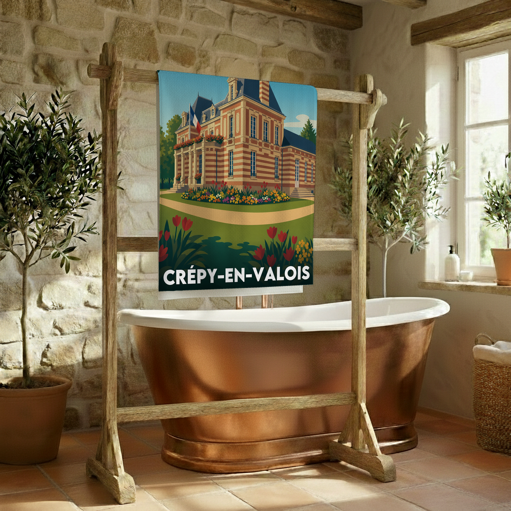 Serviette de bain souvenir de la ville de Crépy-en-Valois avec une illustration stylisée.