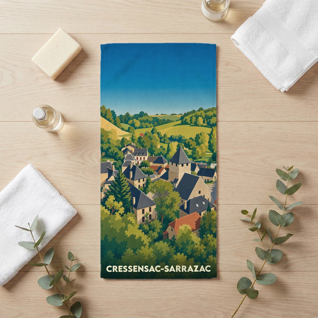 Serviette de bain souvenir de la ville de Cressensac-Sarrazac avec une illustration stylisée.