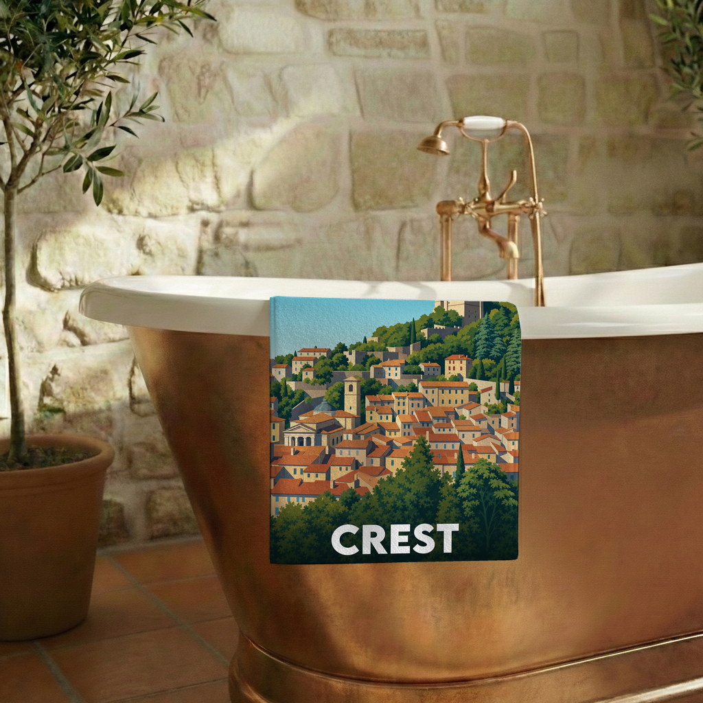 Serviette de bain souvenir de la ville de Crest avec une illustration stylisée.