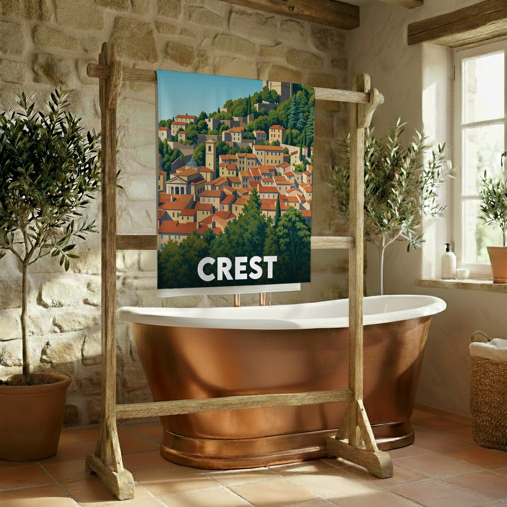 Serviette de bain souvenir de la ville de Crest avec une illustration stylisée de son paysage urbain.