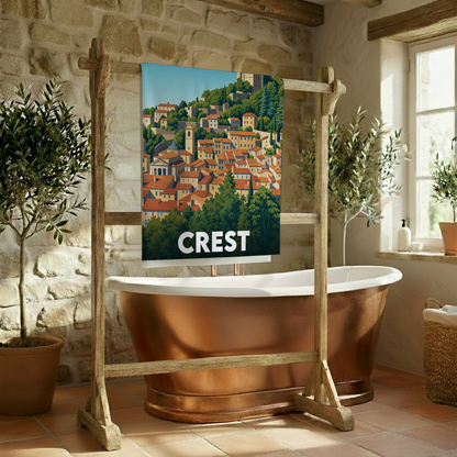 Serviette de bain souvenir de la ville de Crest avec une illustration stylisée de son paysage urbain.