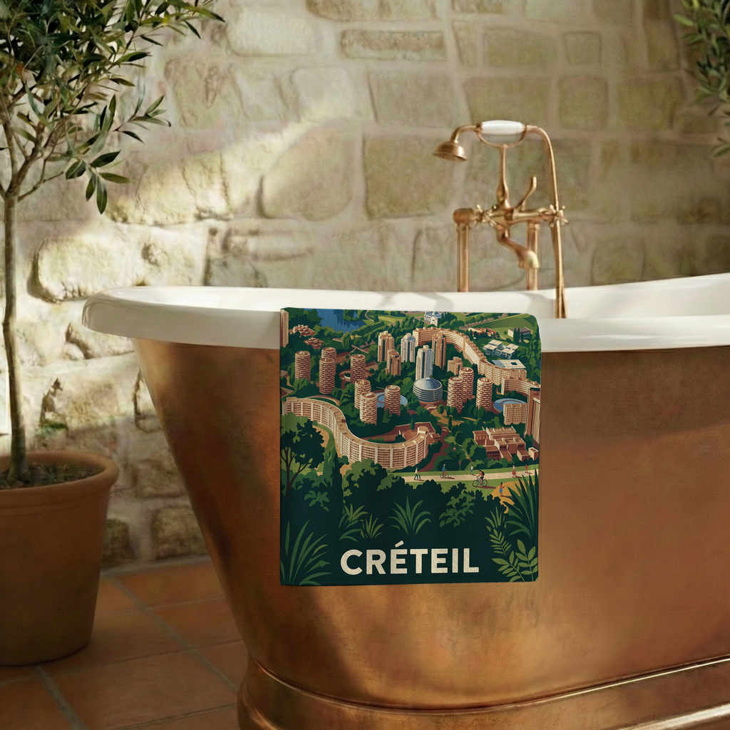 Serviette de bain souvenir de la ville de Créteil avec une illustration stylisée.