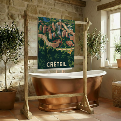 Serviette de bain souvenir de la ville de Créteil avec une illustration stylisée.