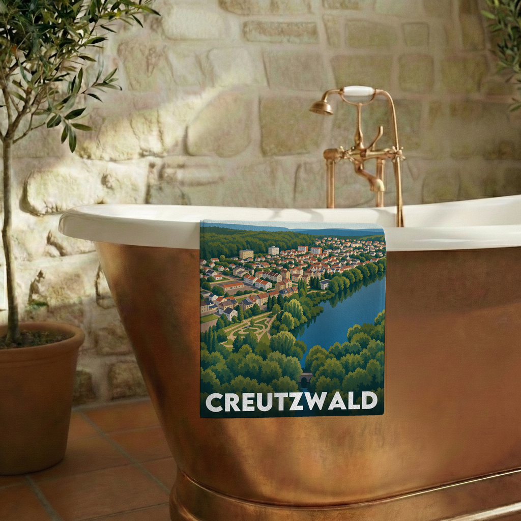 Serviette de bain souvenir de la ville de Creutzwald avec une illustration stylisée.