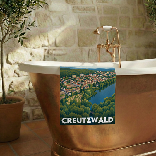 Serviette de bain souvenir de la ville de Creutzwald avec une illustration stylisée.