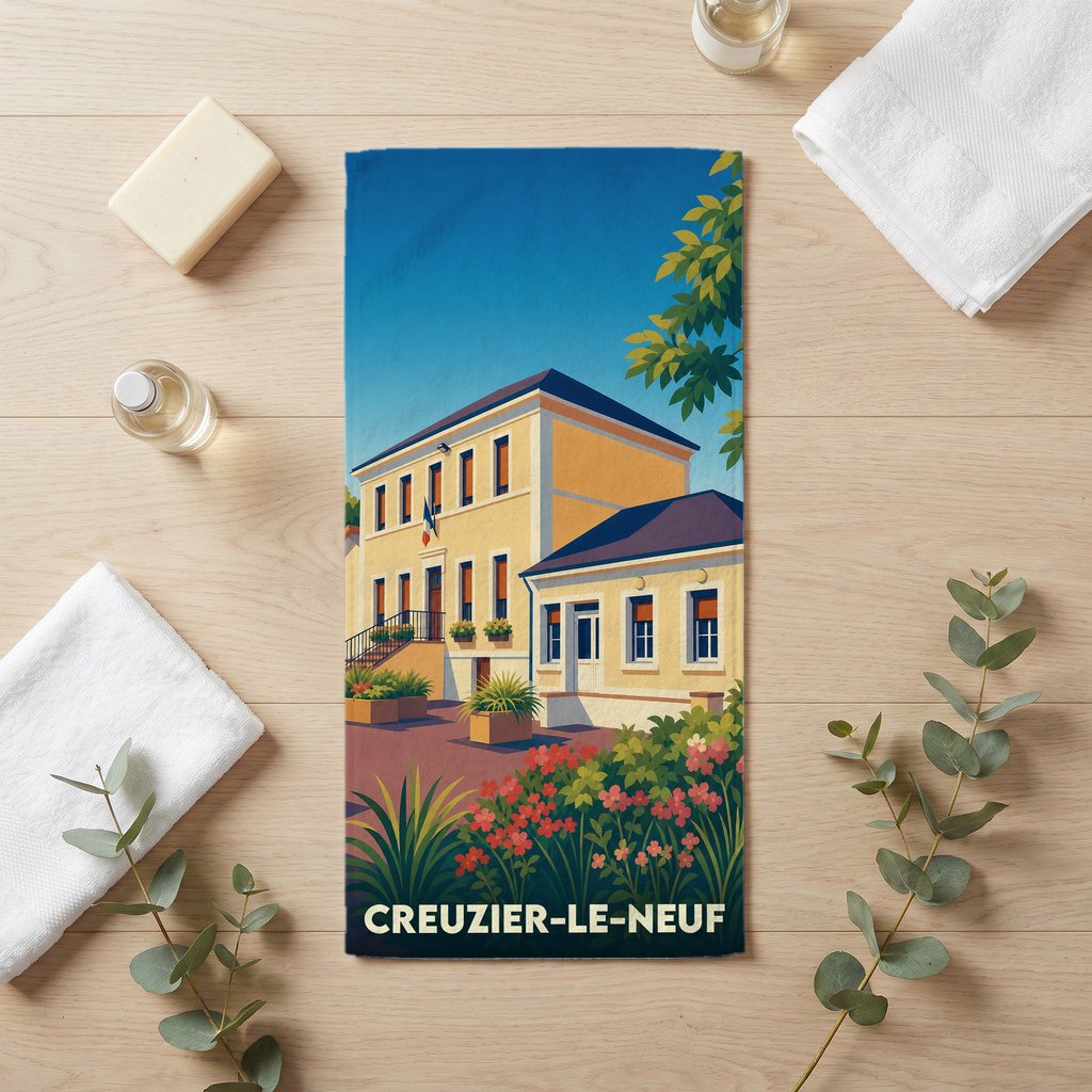 Serviette de bain souvenir de la ville de Creuzier-le-Neuf avec une illustration stylisée.