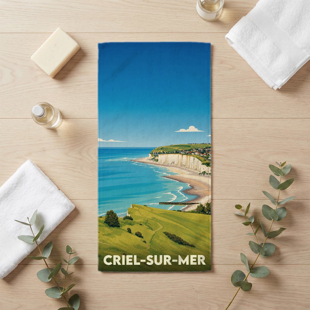 Serviette de bain souvenir de la ville de Criel-sur-Mer avec une illustration stylisée de son littoral.