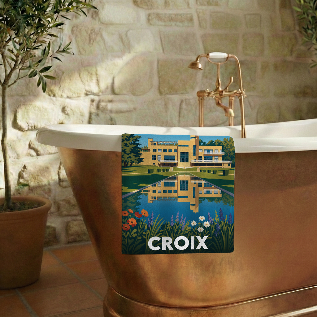 Serviette de bain souvenir de la ville de Croix avec une illustration stylisée.