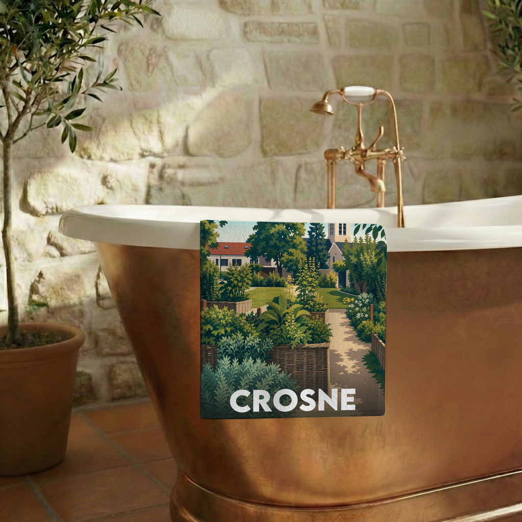 Serviette de bain souvenir de la ville de Crosne avec une illustration stylisée de jardin.