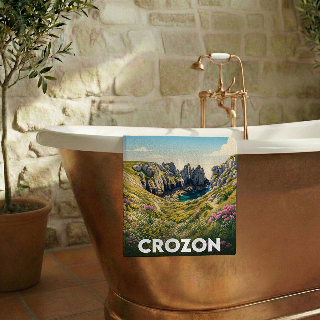 Serviette de bain souvenir de la ville de Crozon avec une illustration côtière stylisée.