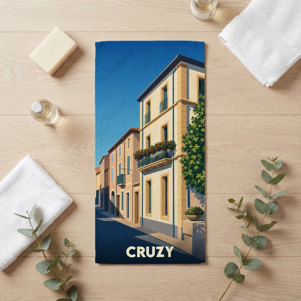 Serviette de bain souvenir de la ville de Cruzy illustrée par une vue stylisée d'une rue ensoleillée.