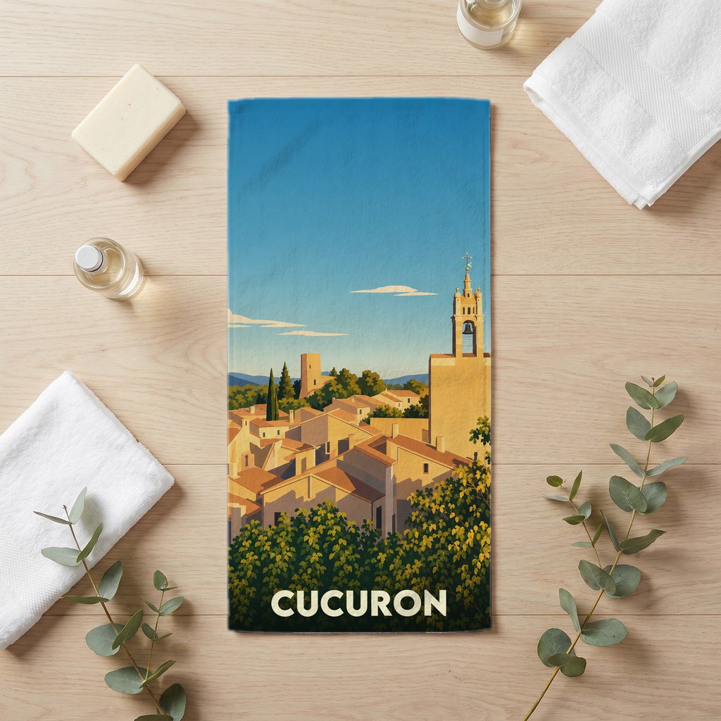 Serviette de bain souvenir de la ville de Cucuron avec une illustration stylisée de ses toits provençaux et de son clocher.