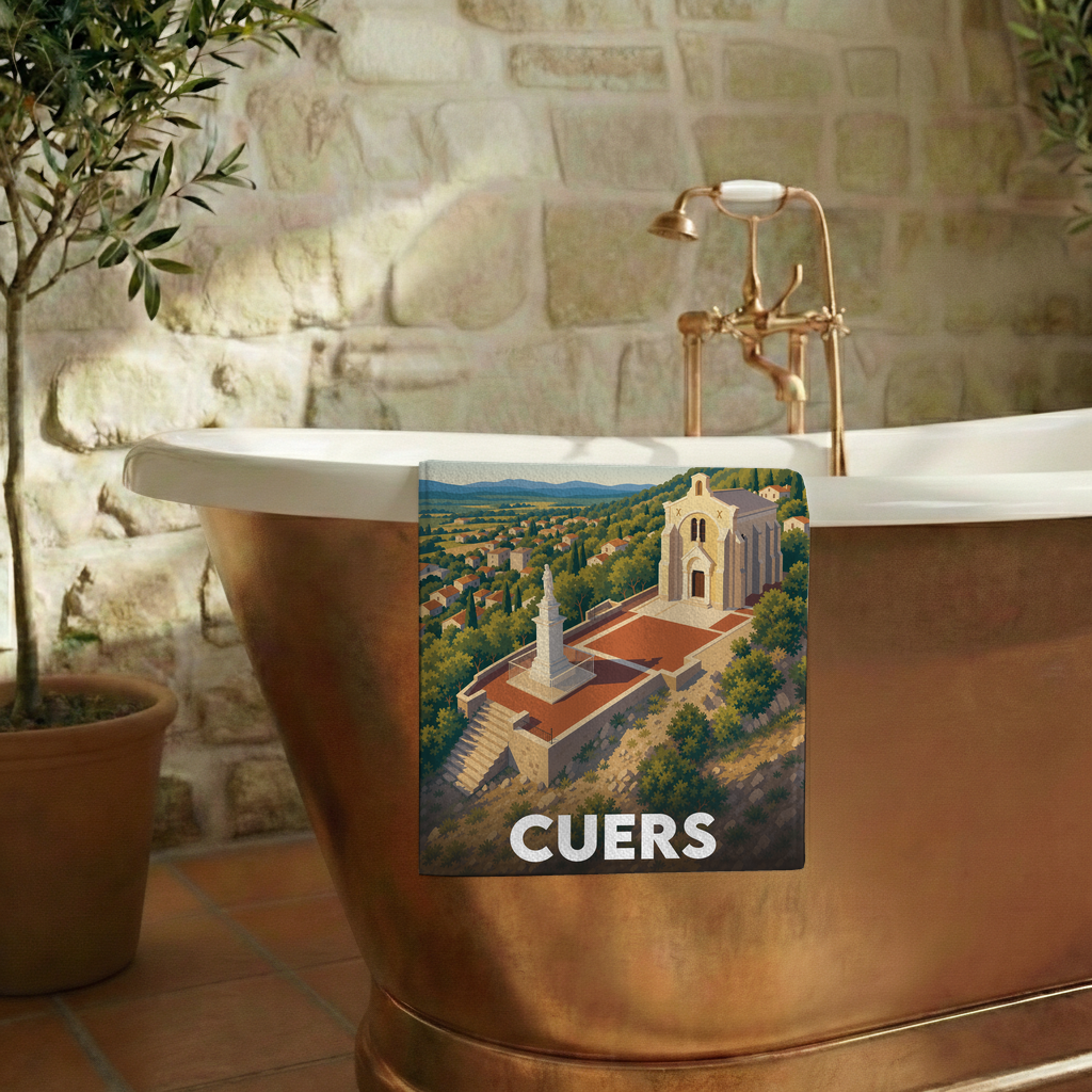 Serviette de bain souvenir de la ville de Cuers avec une illustration panoramique stylisée.