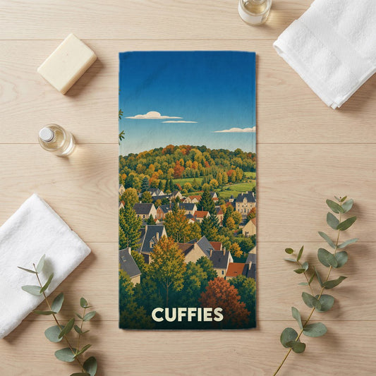 Serviette de bain souvenir de la ville de Cuffies avec une illustration stylisée de ses paysages automnaux.