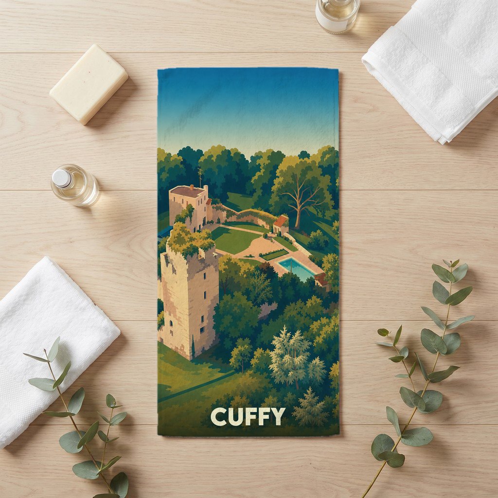 Serviette de bain souvenir de la ville de Cuffy avec une illustration stylisée d'un château et de jardins.
