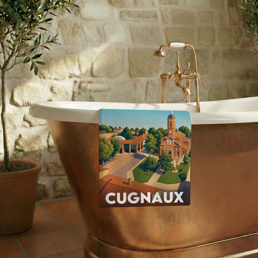 Serviette de bain souvenir de la ville de Cugnaux avec une illustration stylisée.