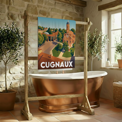 Serviette de bain souvenir de la ville de Cugnaux avec une illustration stylisée.