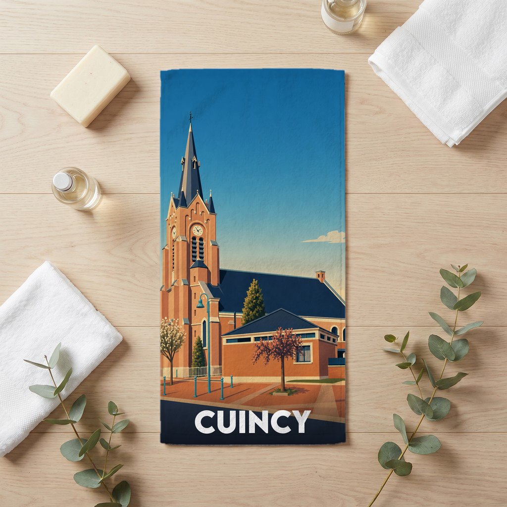 Serviette de bain souvenir de la ville de Cuincy avec une illustration stylisée de son église.