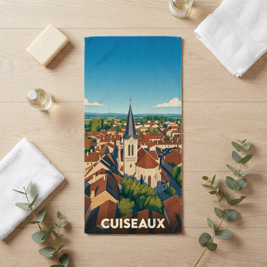 Serviette de bain souvenir de la ville de Cuiseaux avec une illustration stylisée.
