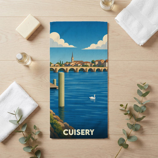 Serviette de bain souvenir de la ville de Cuisery avec une illustration stylisée.