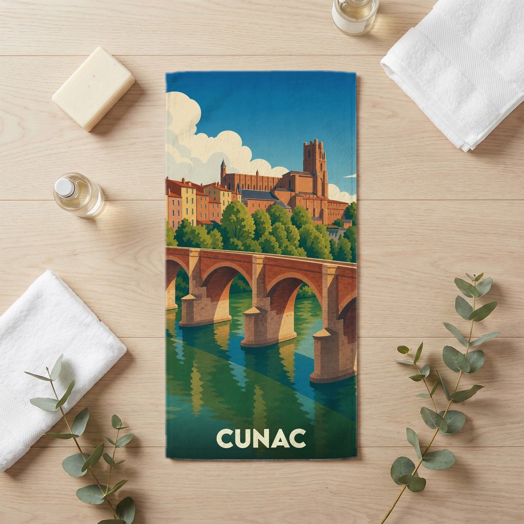 Serviette de bain souvenir de la ville de Cunac avec une illustration stylisée d'un pont et d'une cathédrale.