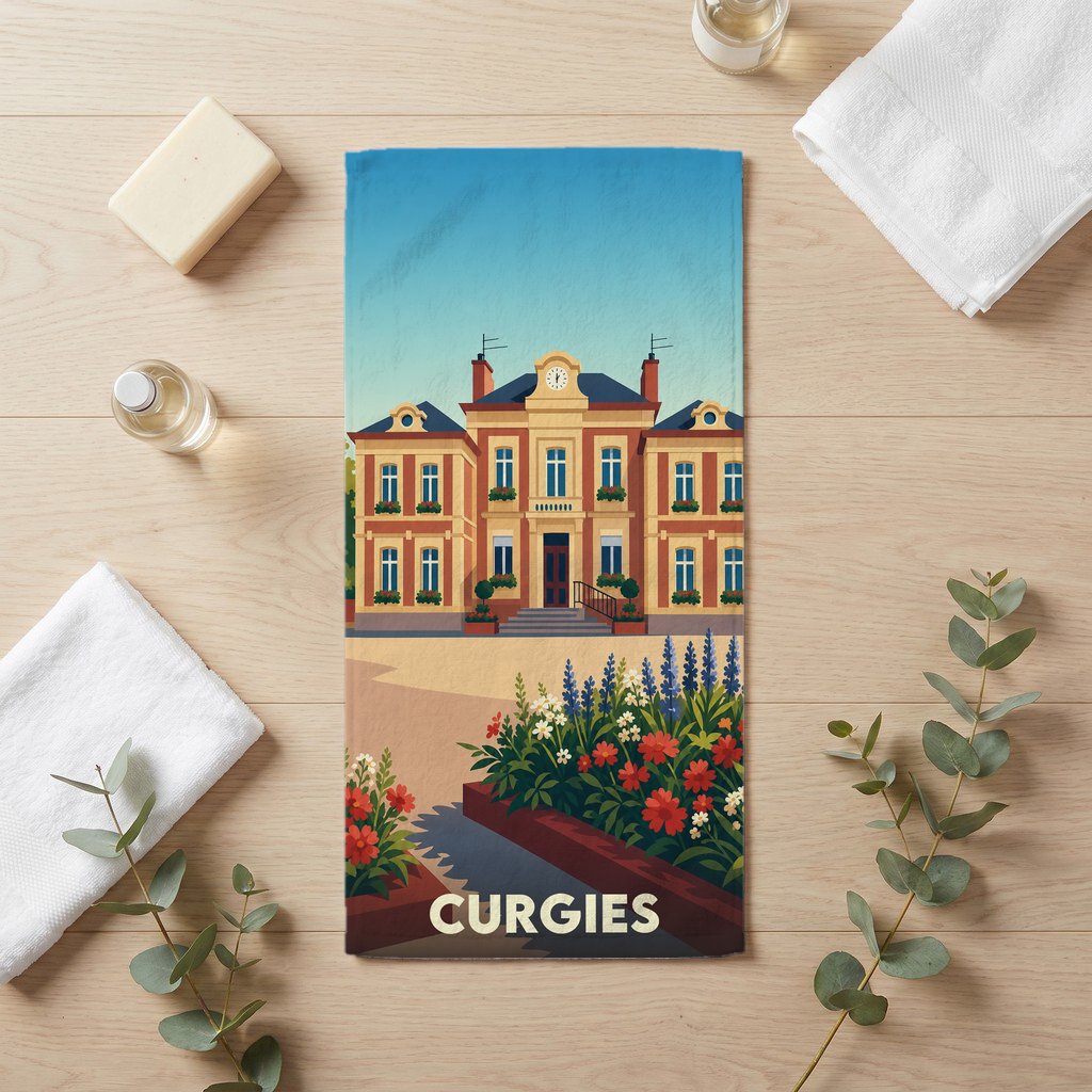 Serviette de bain souvenir de la ville de Curgies avec une illustration stylisée d'un bâtiment historique et de fleurs.
