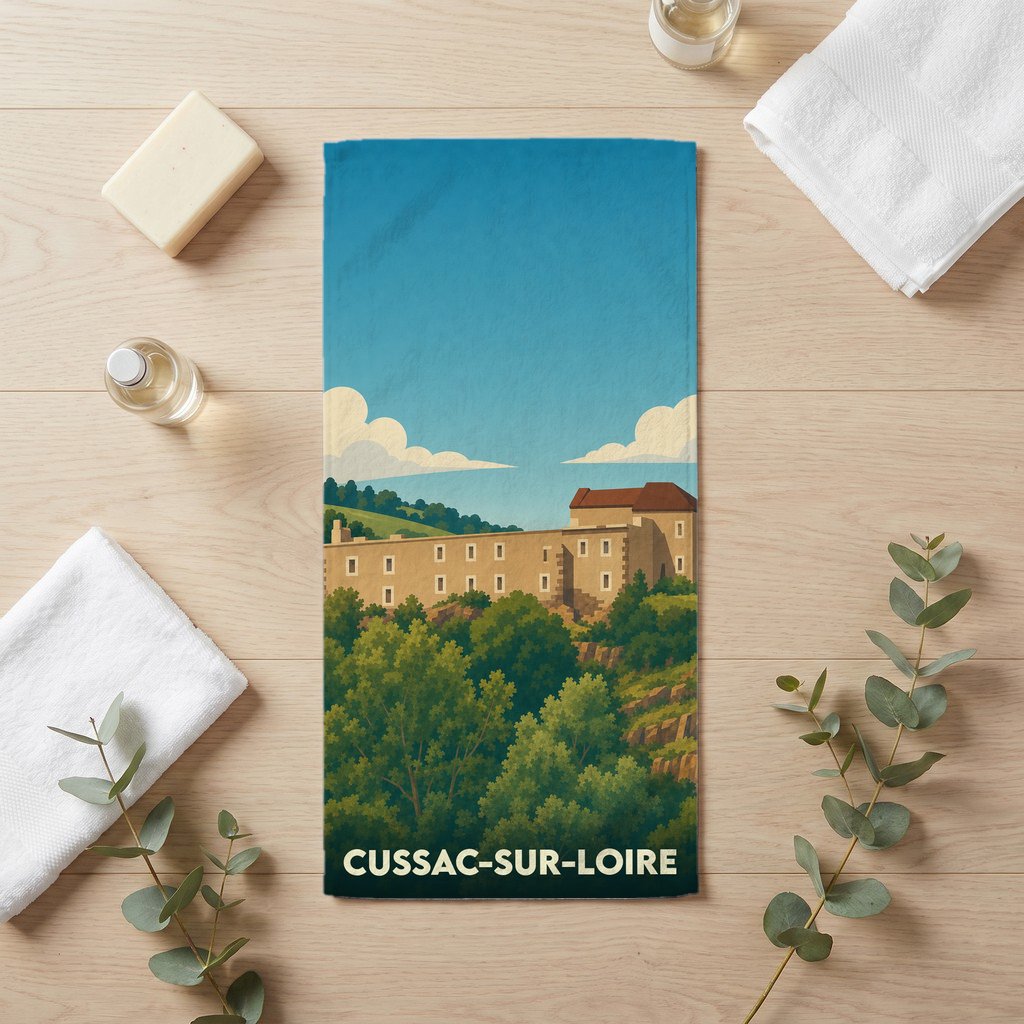 Serviette de bain souvenir de la ville de Cussac-sur-Loire avec une illustration stylisée de son paysage.