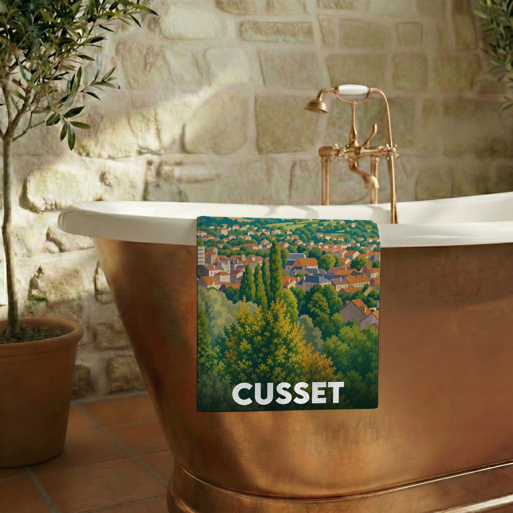 Serviette de bain souvenir de la ville de Cusset avec une illustration stylisée de ses paysages.