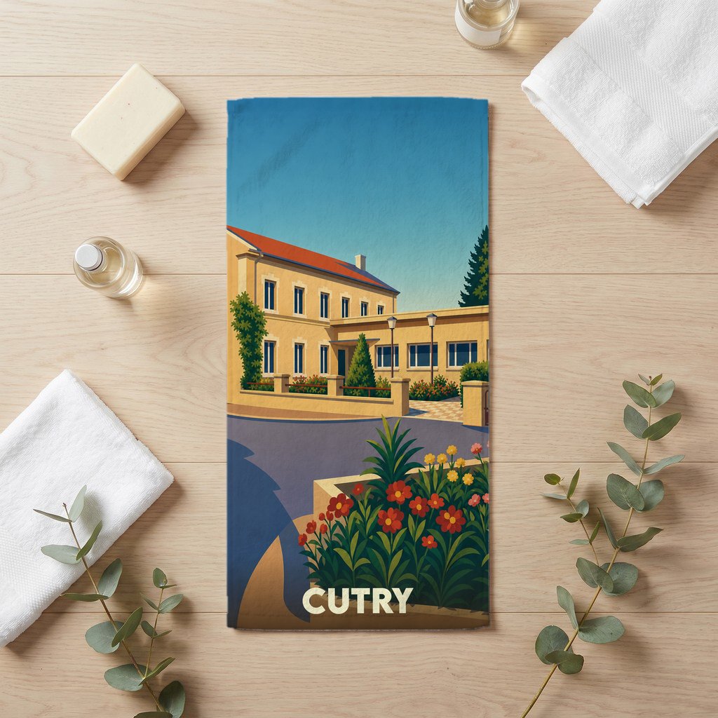 Serviette de bain souvenir de la ville de Cutry avec une illustration stylisée d'un bâtiment et de fleurs.