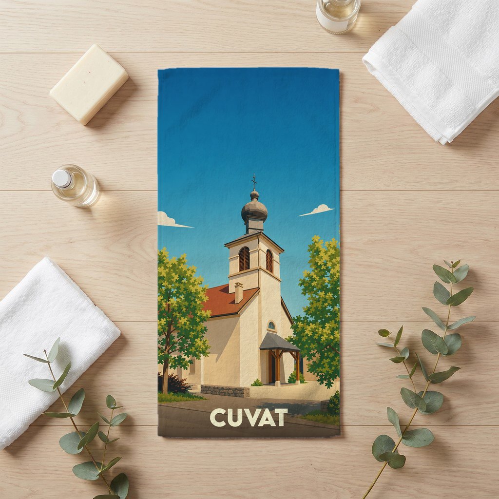 Serviette de bain souvenir de la ville de Cuvat avec une illustration stylisée de son église.