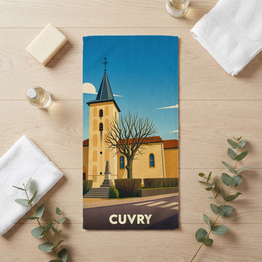 Serviette de bain souvenir de la ville de Cuvry ornée d'une illustration stylisée de son église.