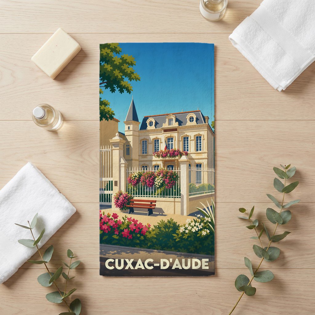 Serviette de bain souvenir de la ville de Cuxac-d'Aude avec une illustration stylisée d'une bâtisse fleurie.