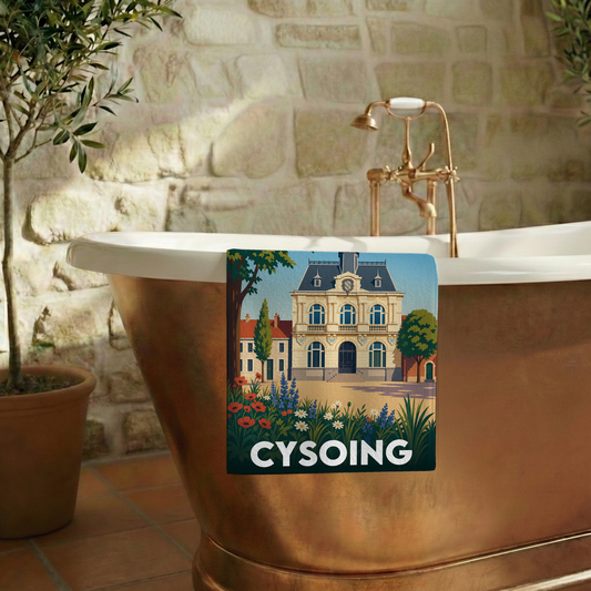 Serviette de bain souvenir de la ville de Cysoing avec une illustration stylisée.
