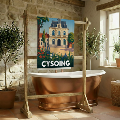 Serviette de bain souvenir de la ville de Cysoing avec une illustration colorée et stylisée d'un bâtiment historique.