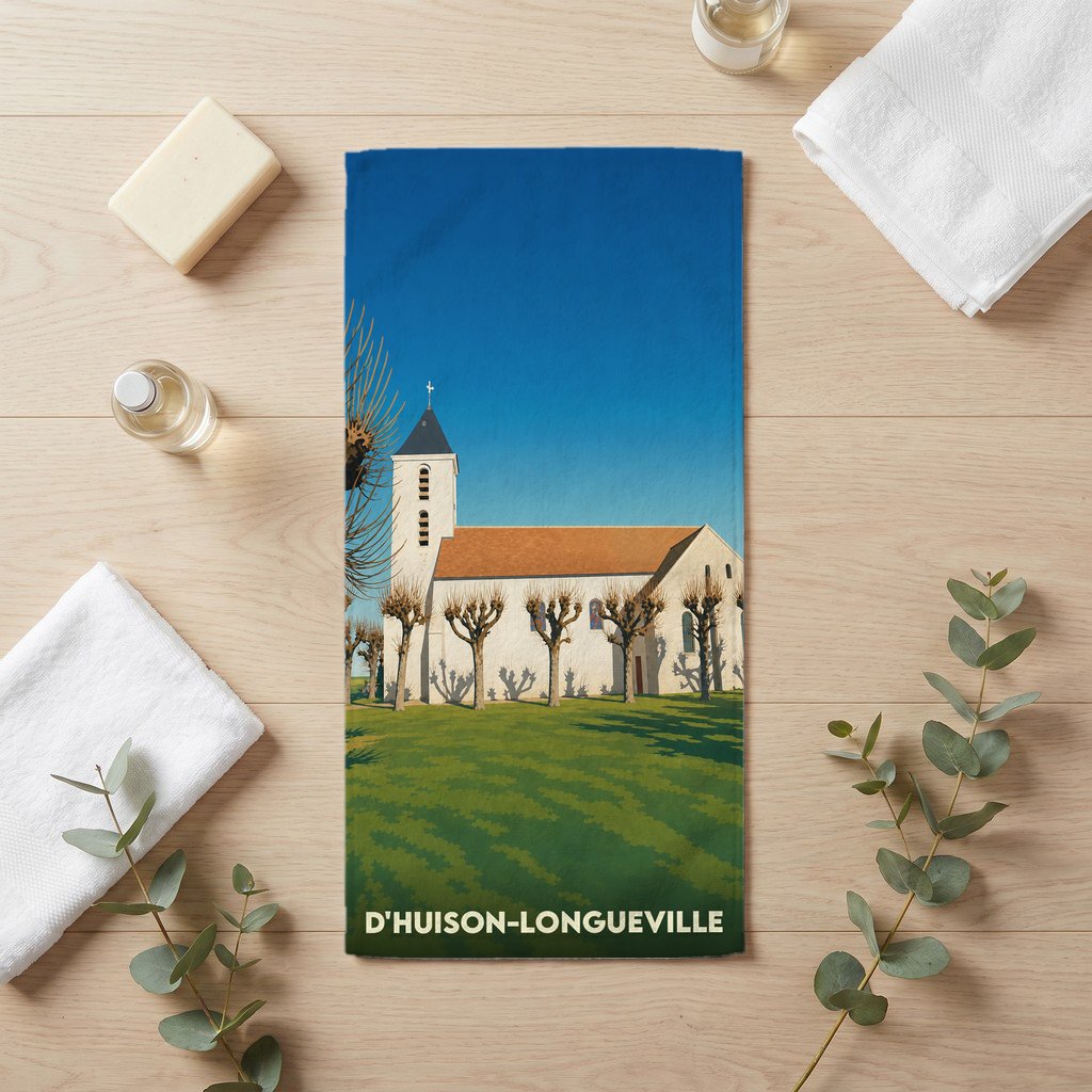 Serviette de bain souvenir de la ville de D'Huison-Longueville avec une illustration stylisée de son église.