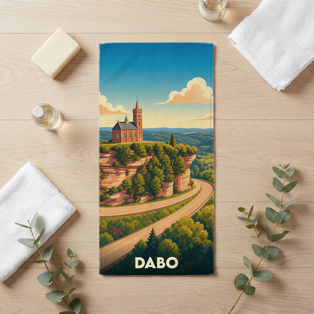 Serviette de bain souvenir de la ville de Dabo avec une illustration stylisée de son rocher et sa chapelle.