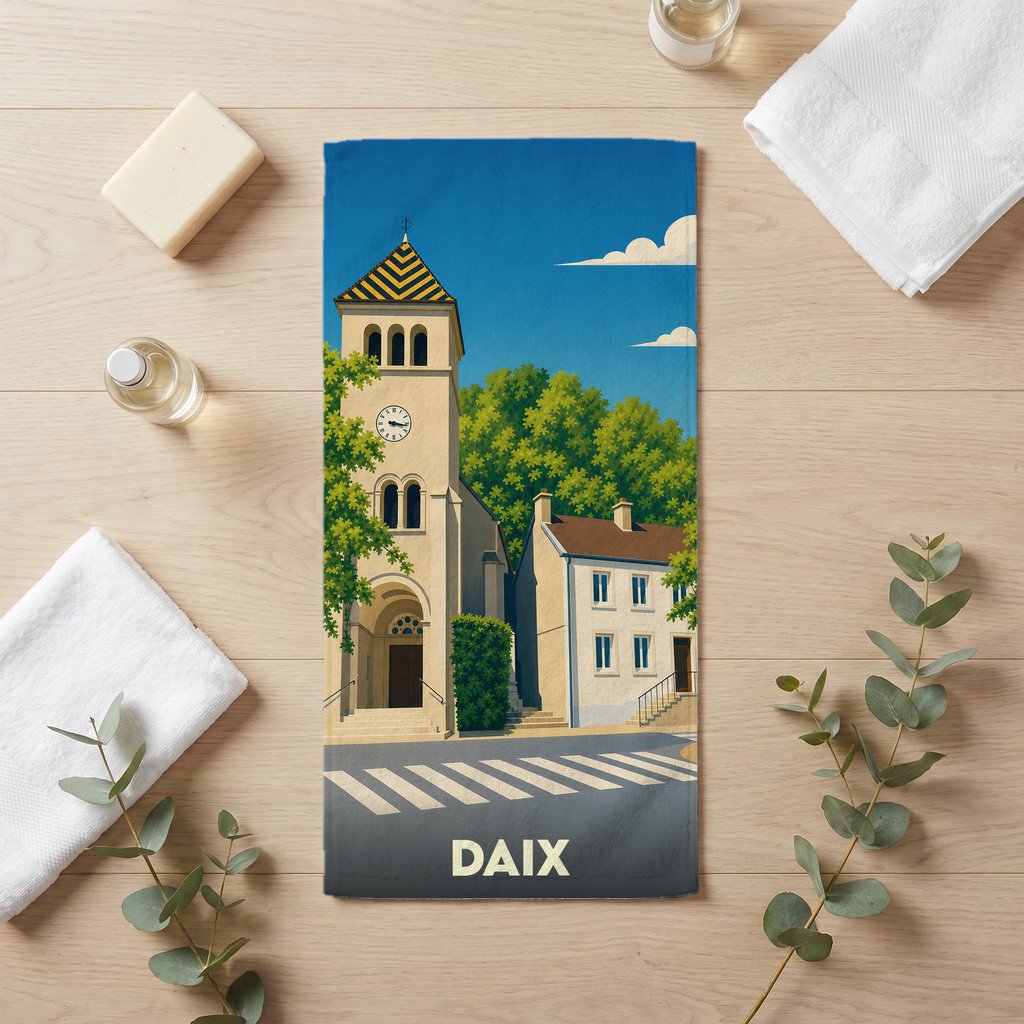 Serviette de bain souvenir de la ville de Daix avec une illustration stylisée de son église.