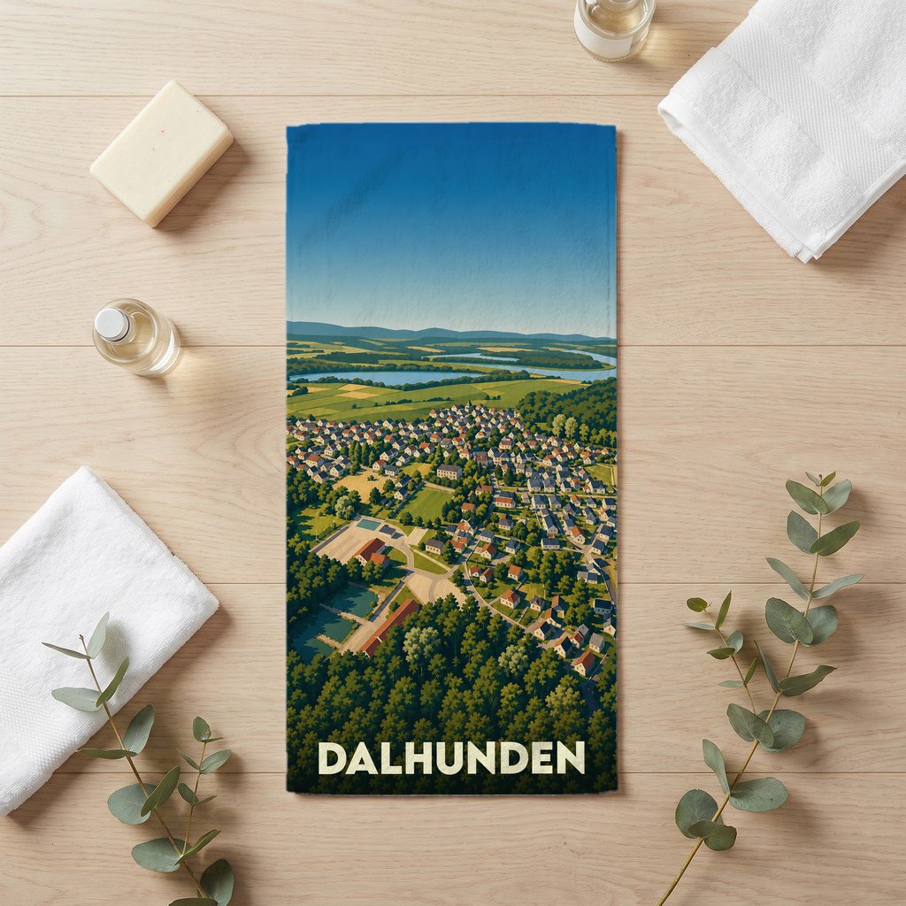 Serviette de bain souvenir de la ville de Dalhunden avec une illustration de paysage vue du ciel.