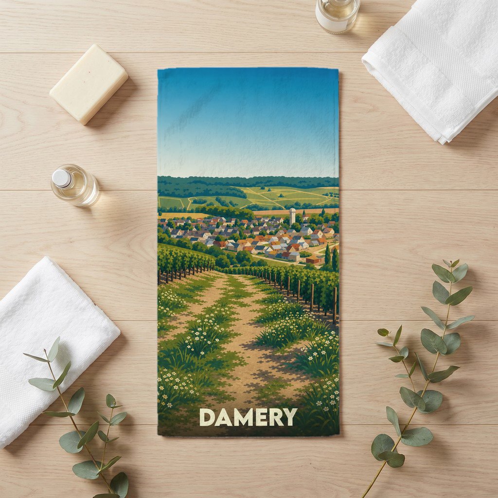 Serviette de bain souvenir de la ville de Damery avec une illustration stylisée d'un vignoble champenois.
