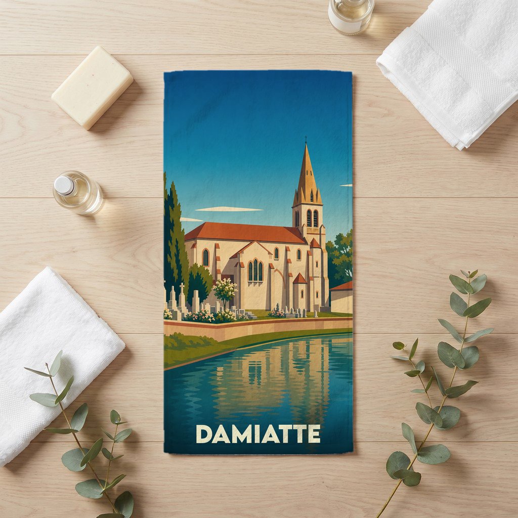 Serviette de bain souvenir de la ville de Damiatte avec une illustration stylisée de son église au bord de l'eau.
