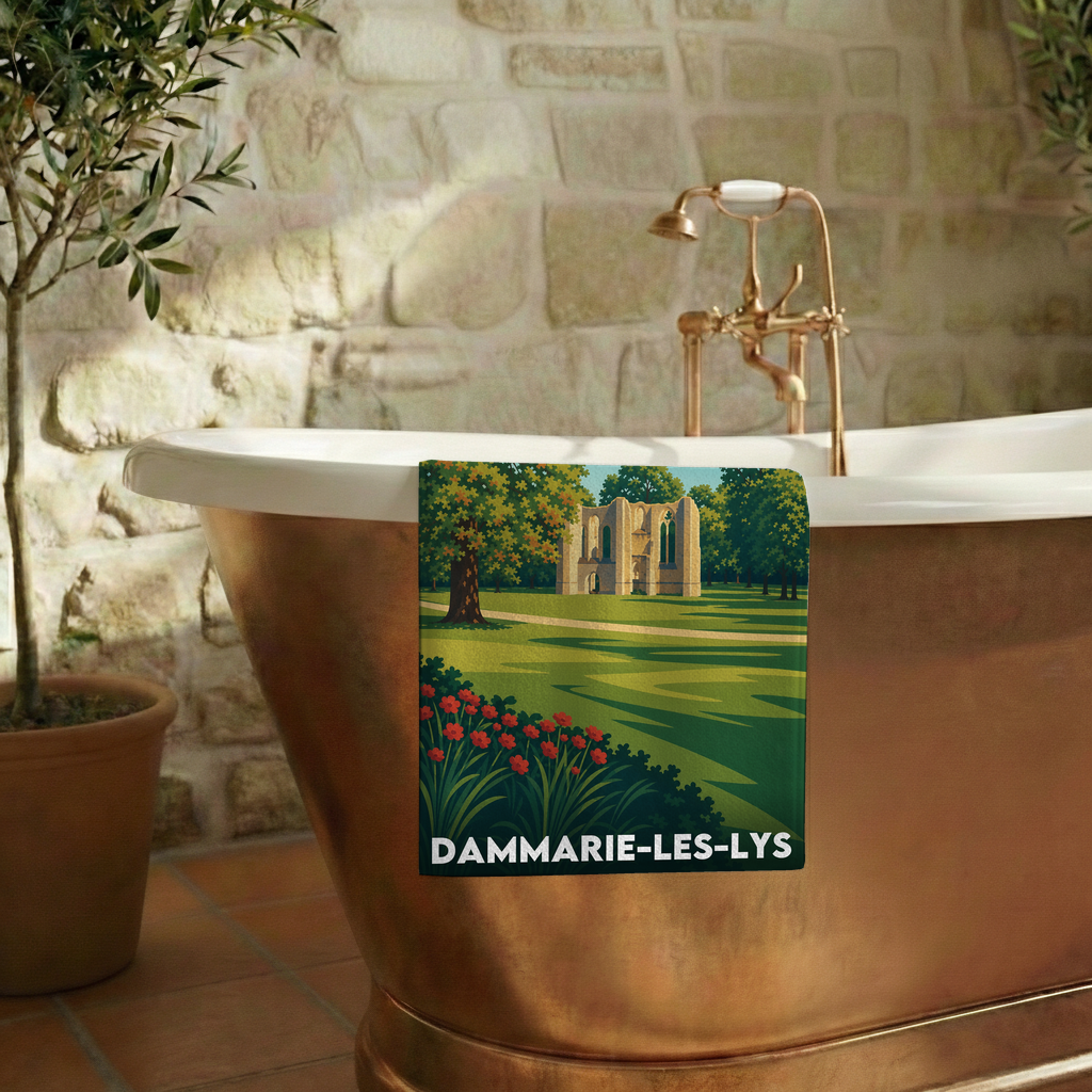 Serviette de bain souvenir de la ville de Dammarie-les-Lys avec une illustration stylisée.