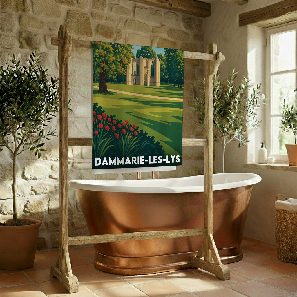 Serviette de bain souvenir de la ville de Dammarie-les-Lys avec une illustration stylisée d'un parc paysager.
